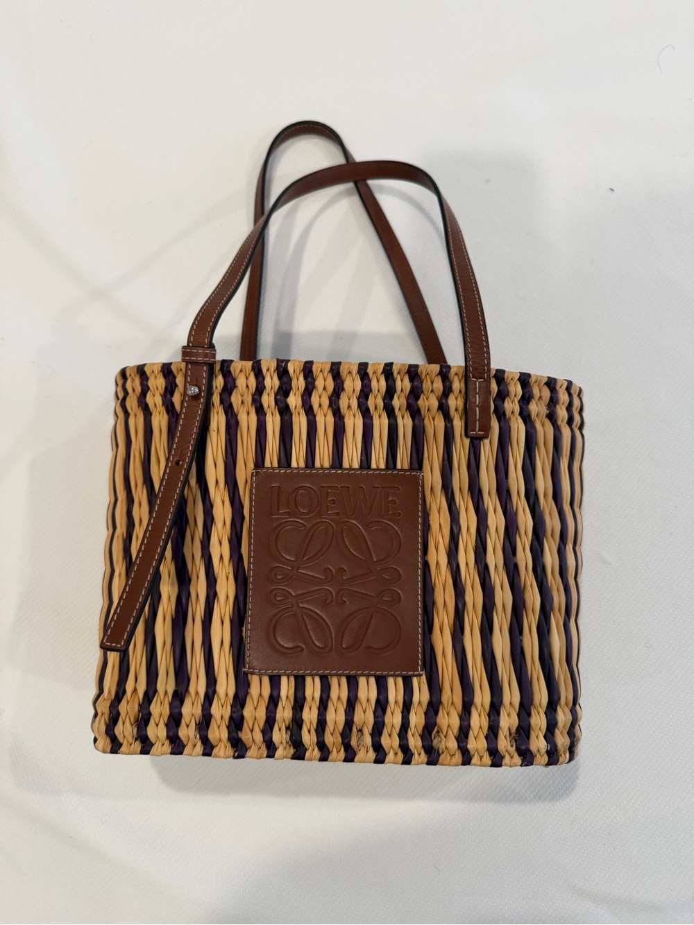 RARE Loewe Woven Straw Tote with Brown Leather Trim and Navy Weave